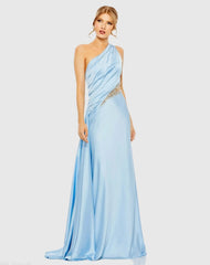 Blue One Shoulder Charmeuse Gown With Beaded Cutout