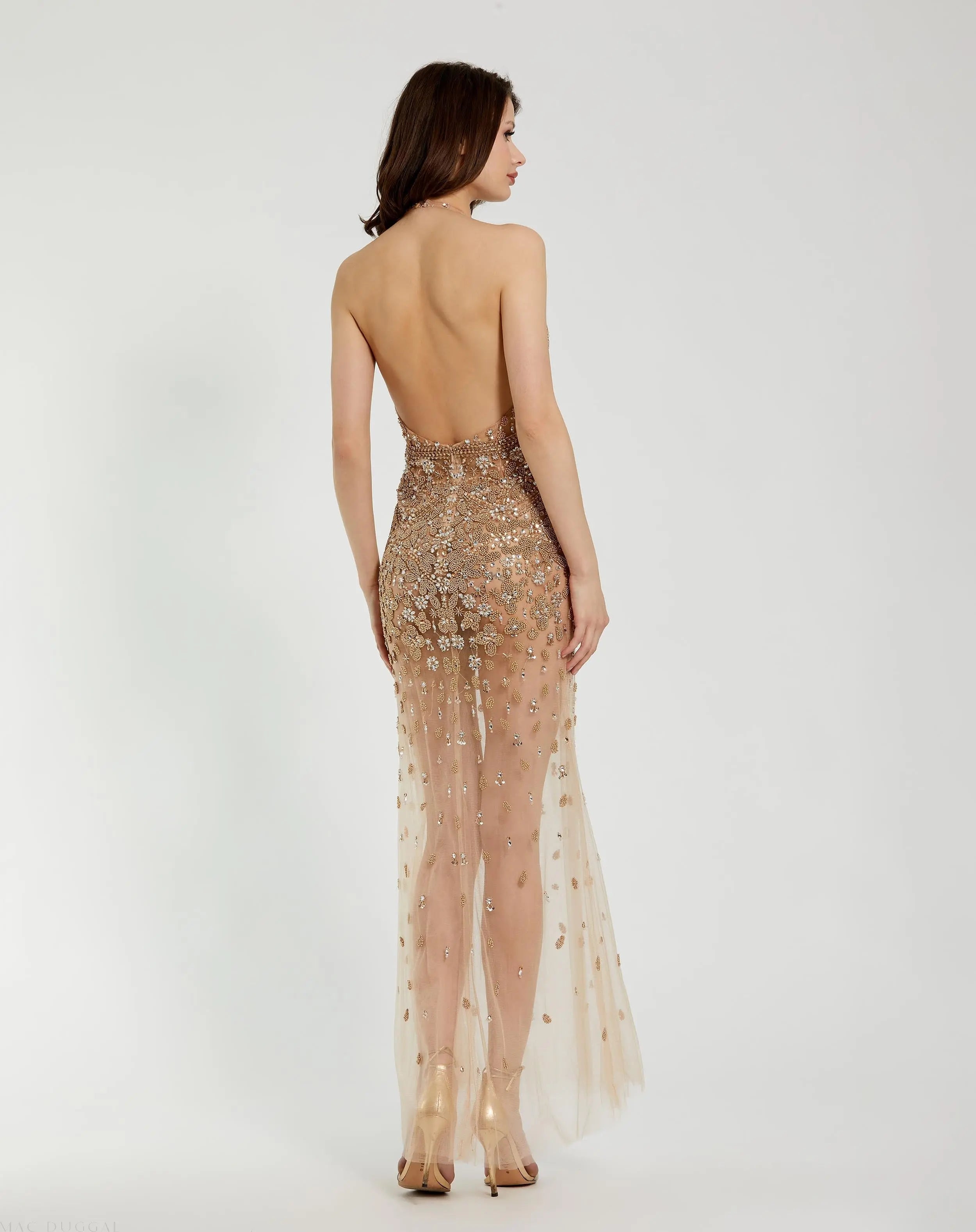 Beige Halter Top Heavily Embellished Sheer Gown