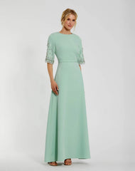 Green Crepe A Line Gown With Beaded 3/4 Sleeves