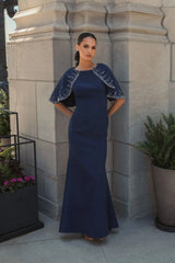 Navy Crepe High Neck Fitted Gown With Beaded Shawl