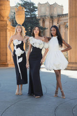 Black Strapless Crepe Dress With 3D Satin Flowers