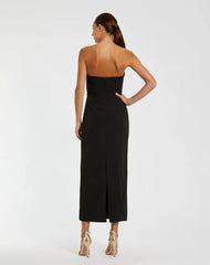 Black Strapless Crepe Dress With 3D Satin Flowers