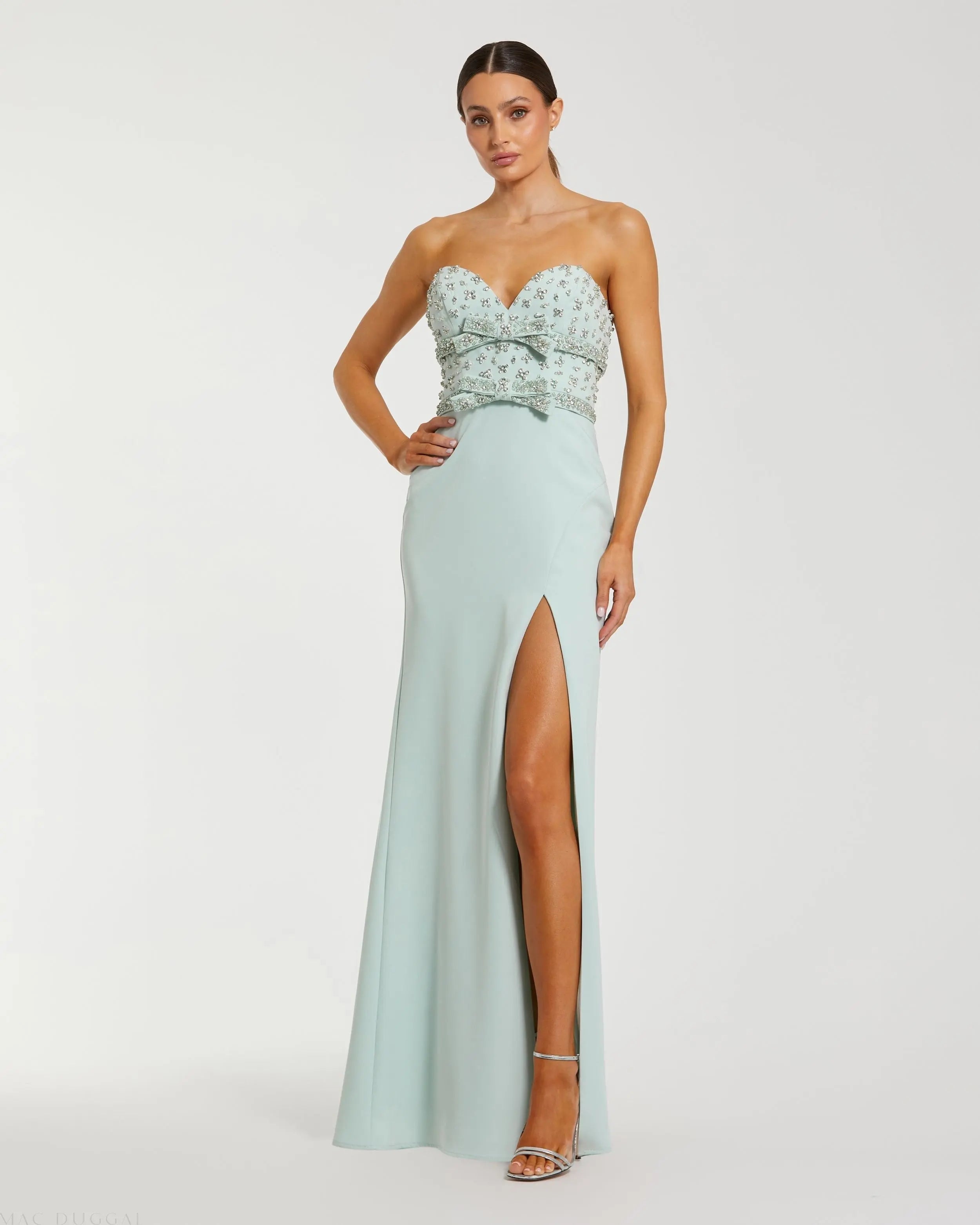 Strapless Rhinestone Bodice Crepe Gown