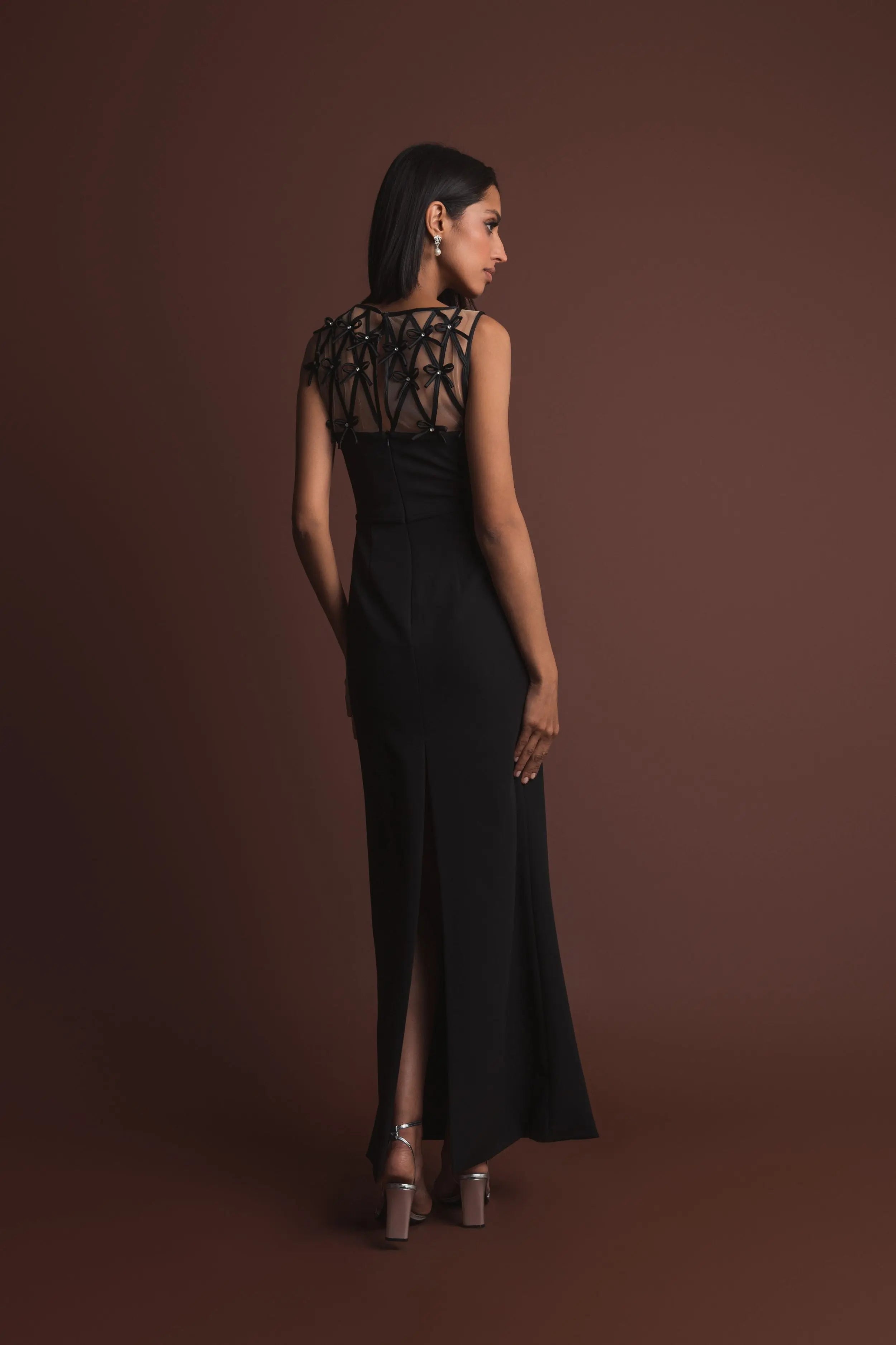 Black Sleeveless Crepe Gown With Embellished Bows