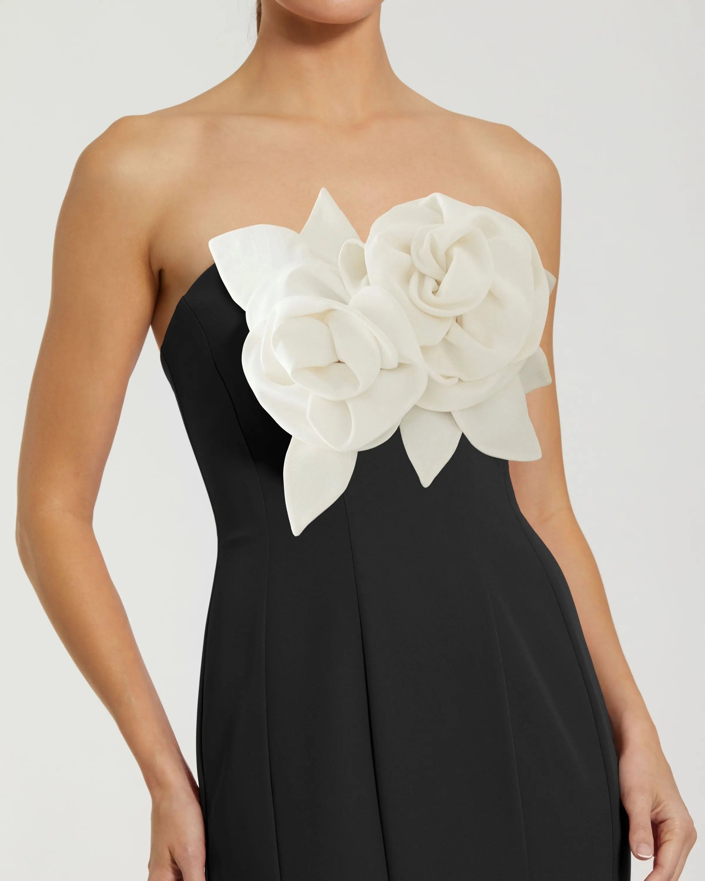 Black Strapless Crepe Mermaid Gown With 3D Flowers