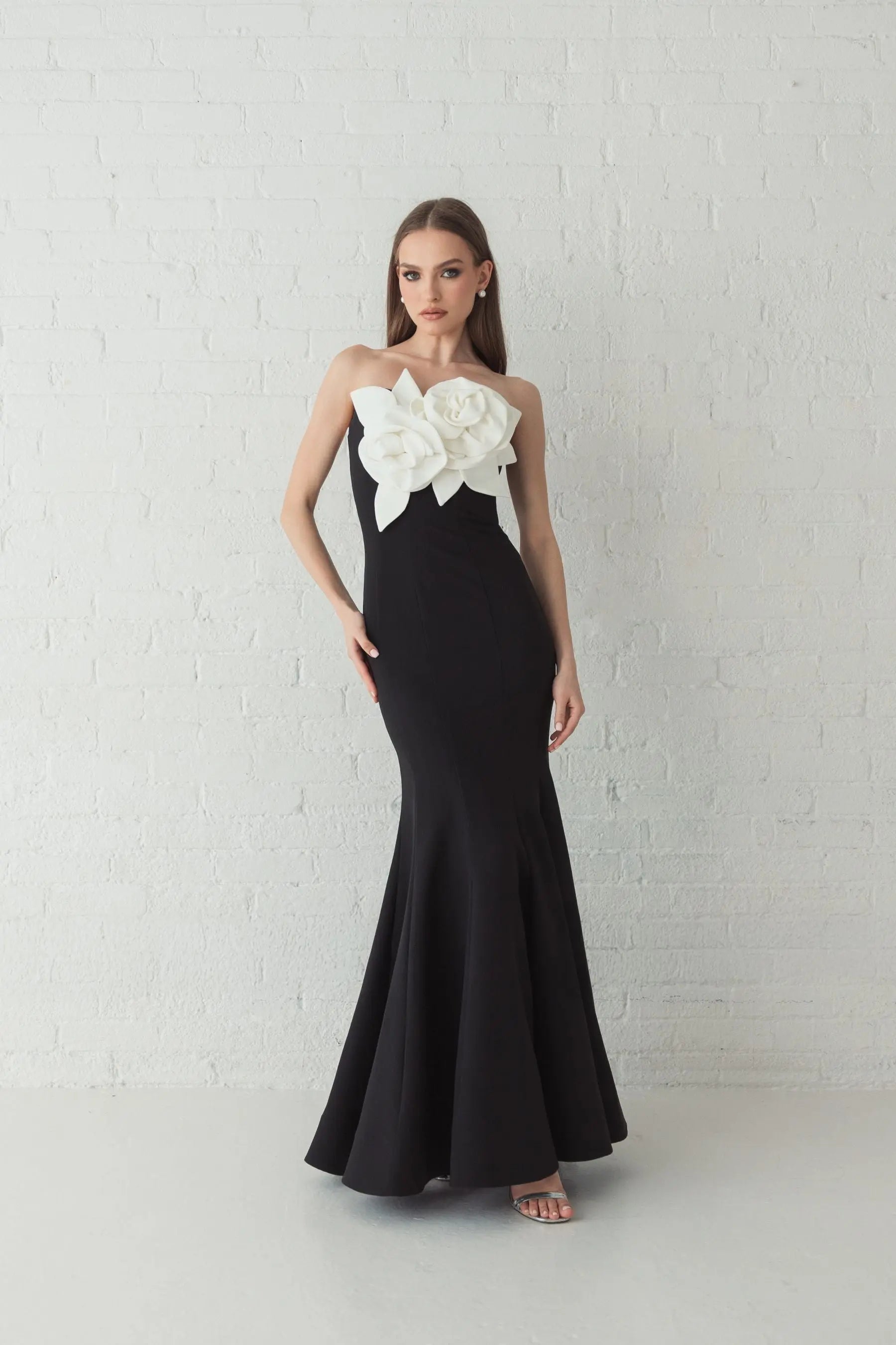 Black Strapless Crepe Mermaid Gown With 3D Flowers