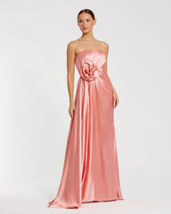 Pink Strapless Satin Gown With 3D Flower