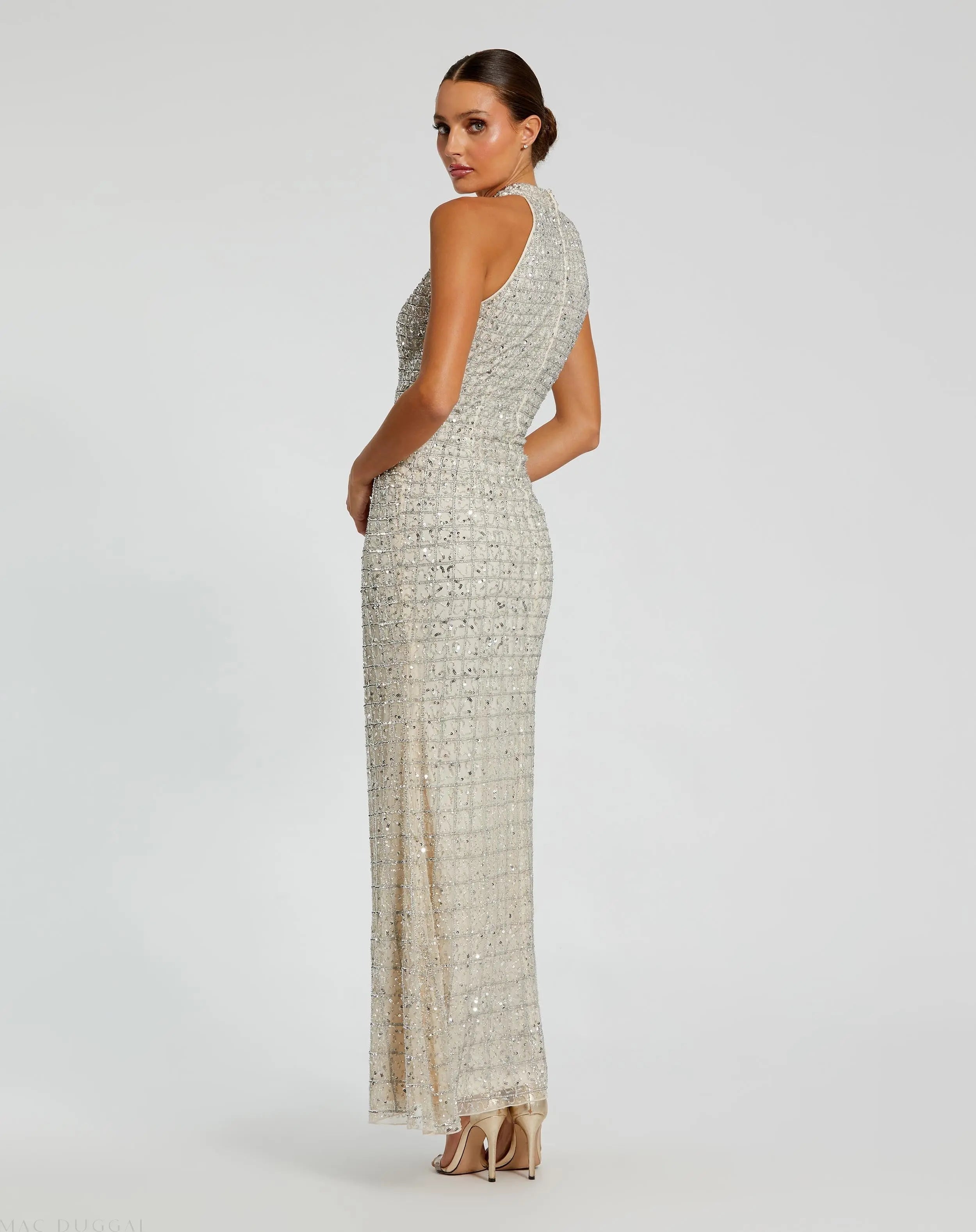Silver Embellished Halter Neck Keyhole Gown