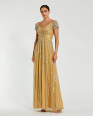 Gold Sequined Evening Gown With Embellished Shoulders