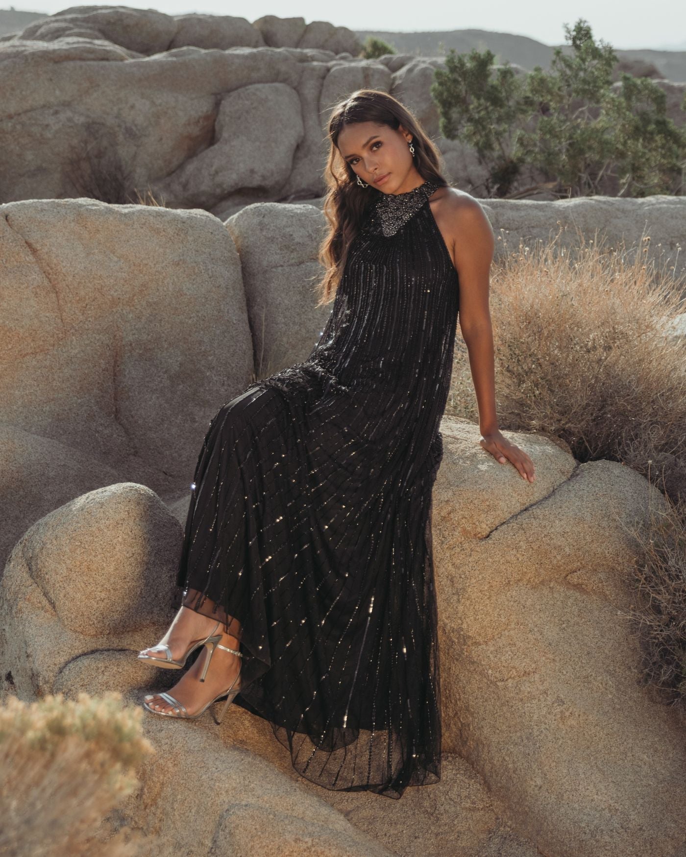 Black Sleeveless Halter Neck Embellished Trapeze Gown