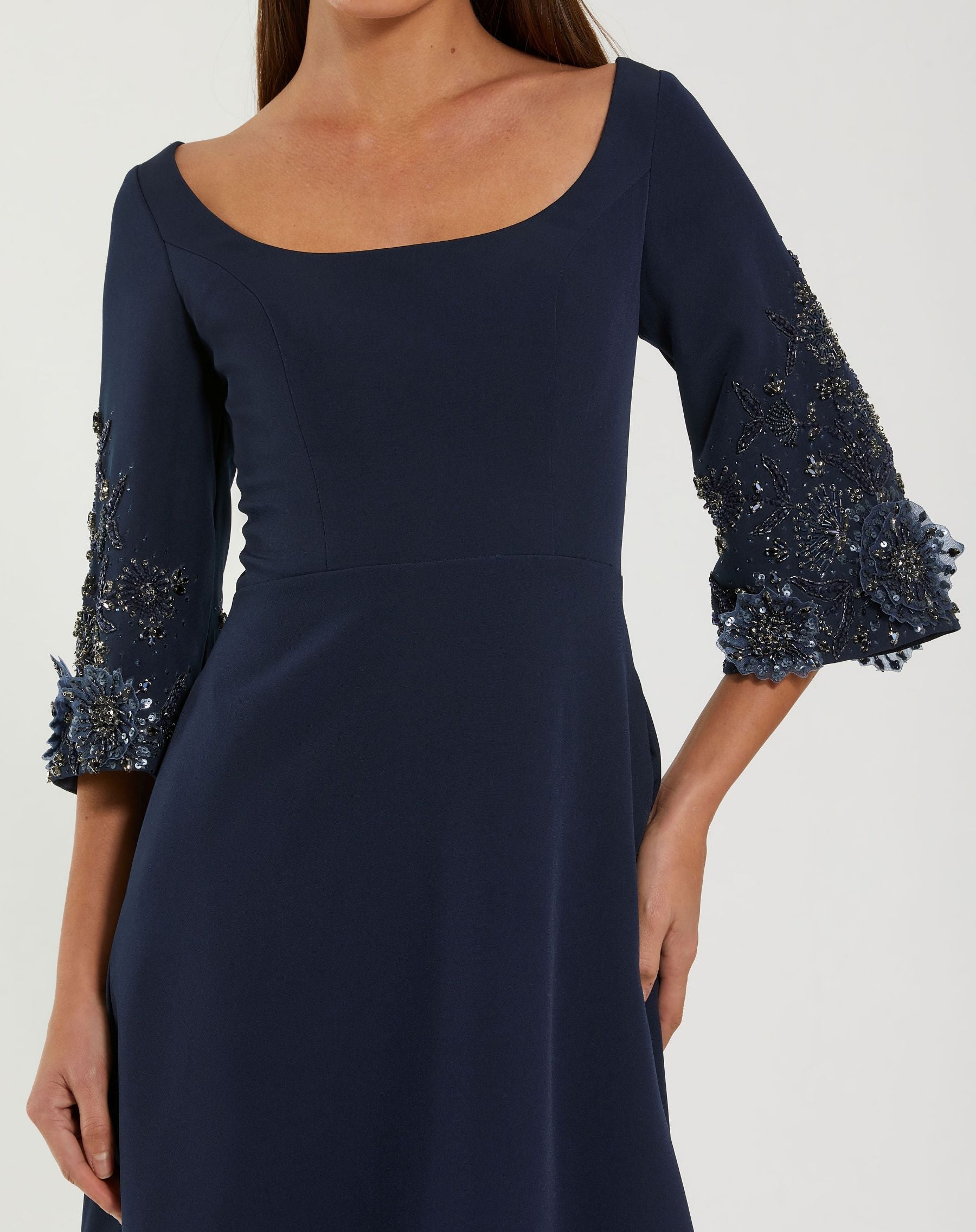 Navy Crepe Gown With Floral Embellished Sleeves