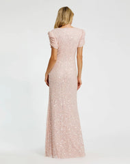 Pink Gathered Short Sleeve Beaded Gown