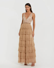 Beige Beaded Mesh V Neck Gown With Tiered Ruffles