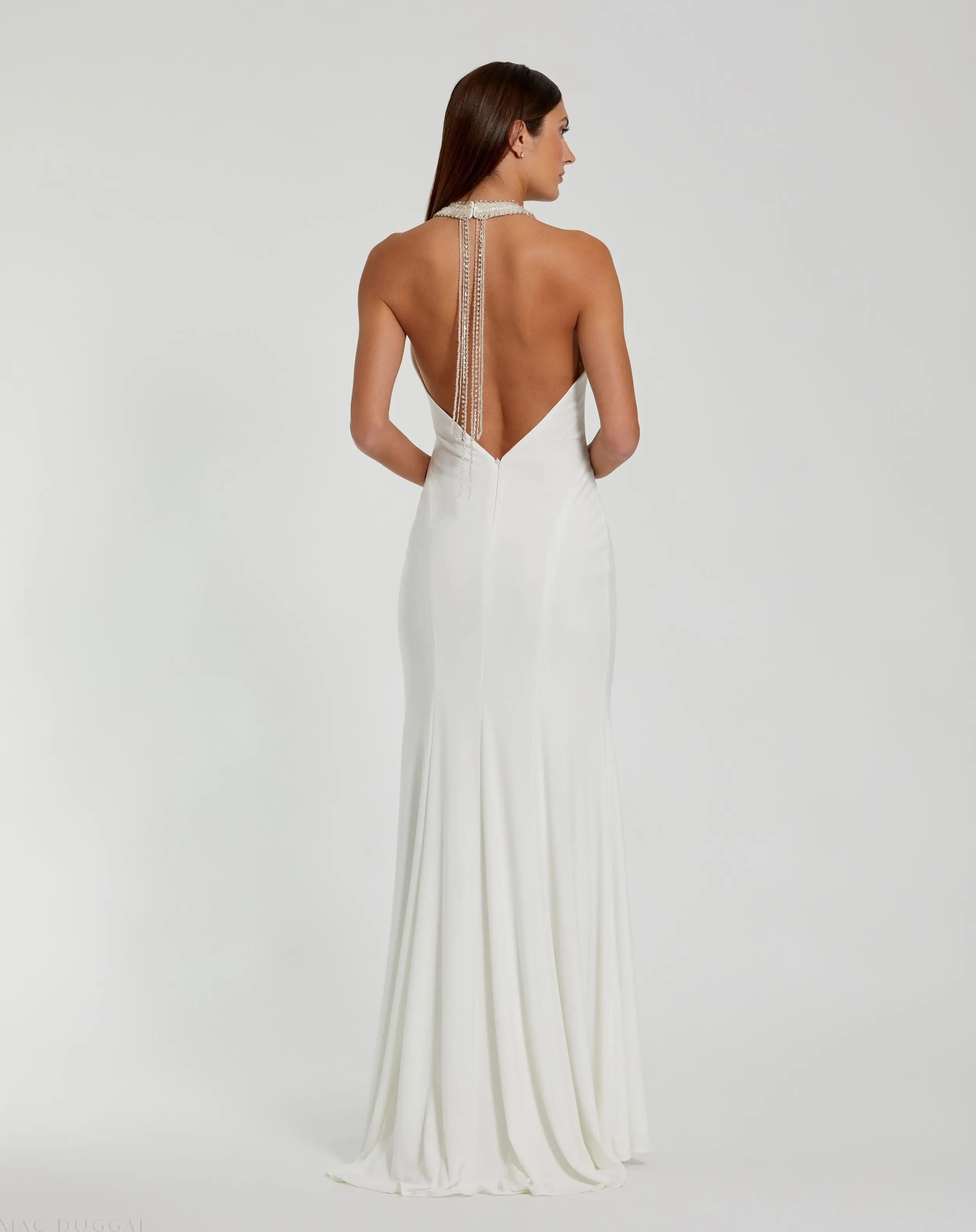 White Beaded Halter Jersey Gown