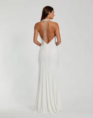 White Beaded Halter Jersey Gown