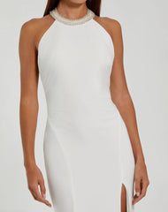 White Beaded Halter Jersey Gown