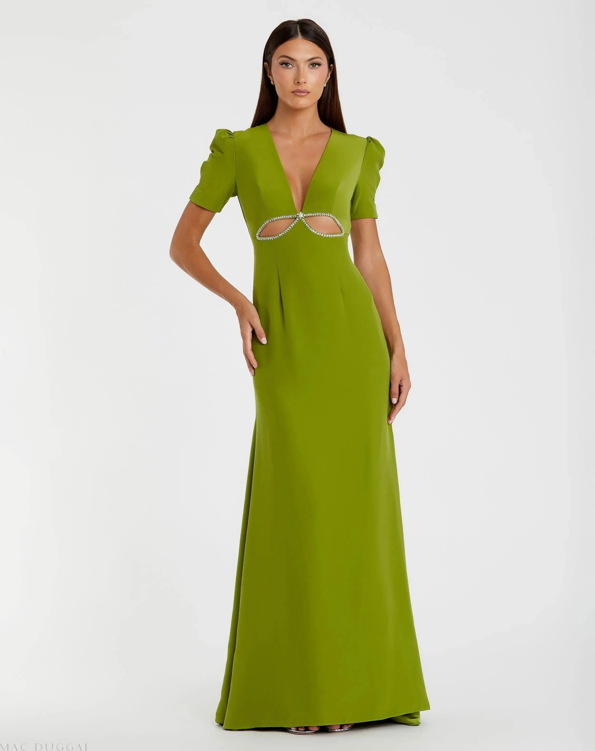 Plunge Neck Puff Sleeve Cut Out Gown