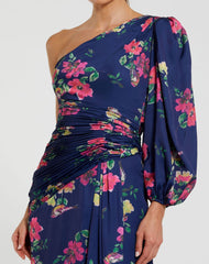 Navy One Sleeve Floral Print Charmeuse Gown With Slit