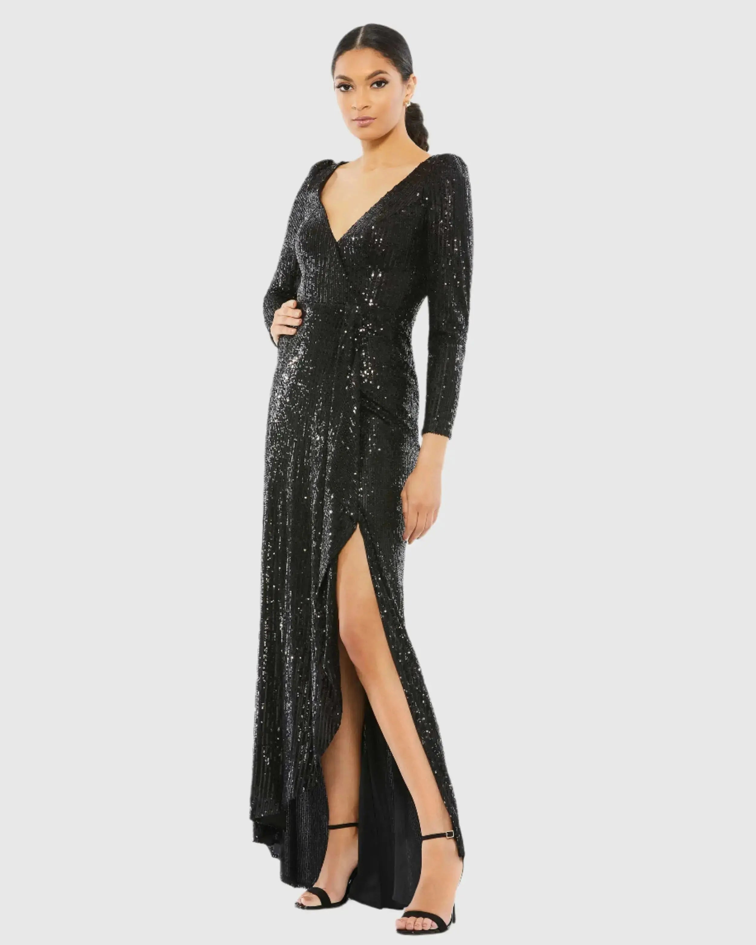 Faux Wrap Long Sleeve Sequin Gown
