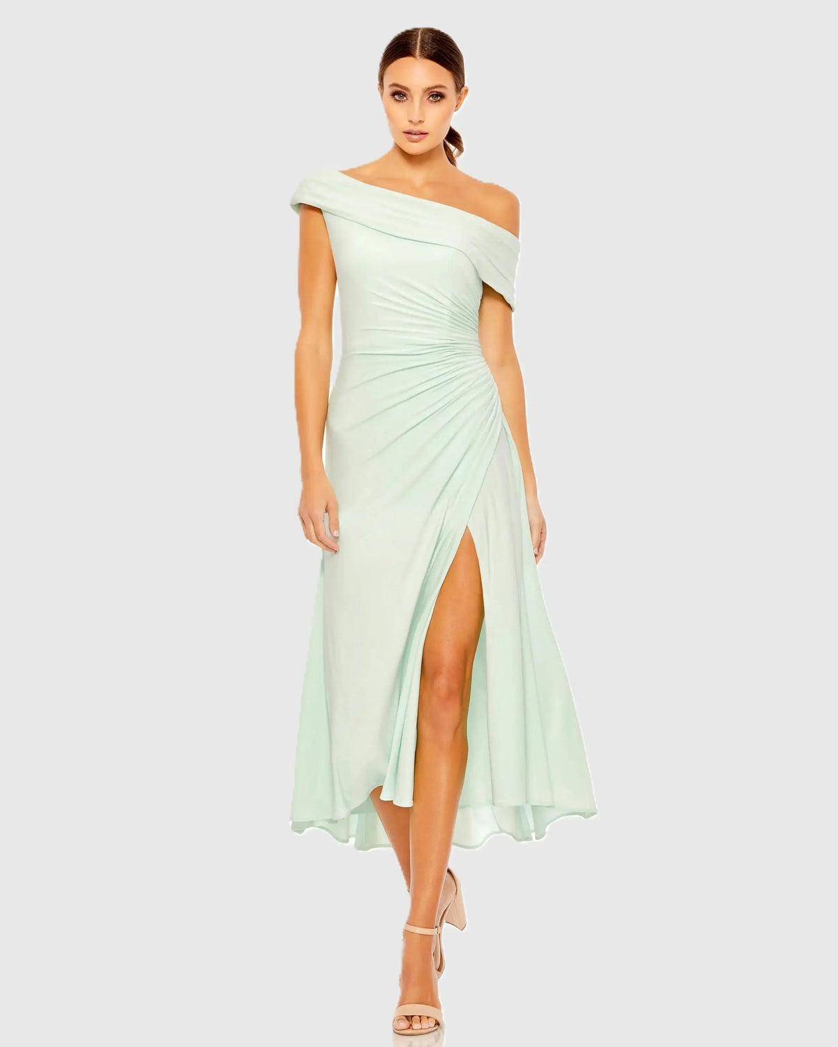 Green Ruched Off-The-Shoulder Midi Dress