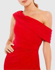 Red Ruched Off-The-Shoulder Midi Dress