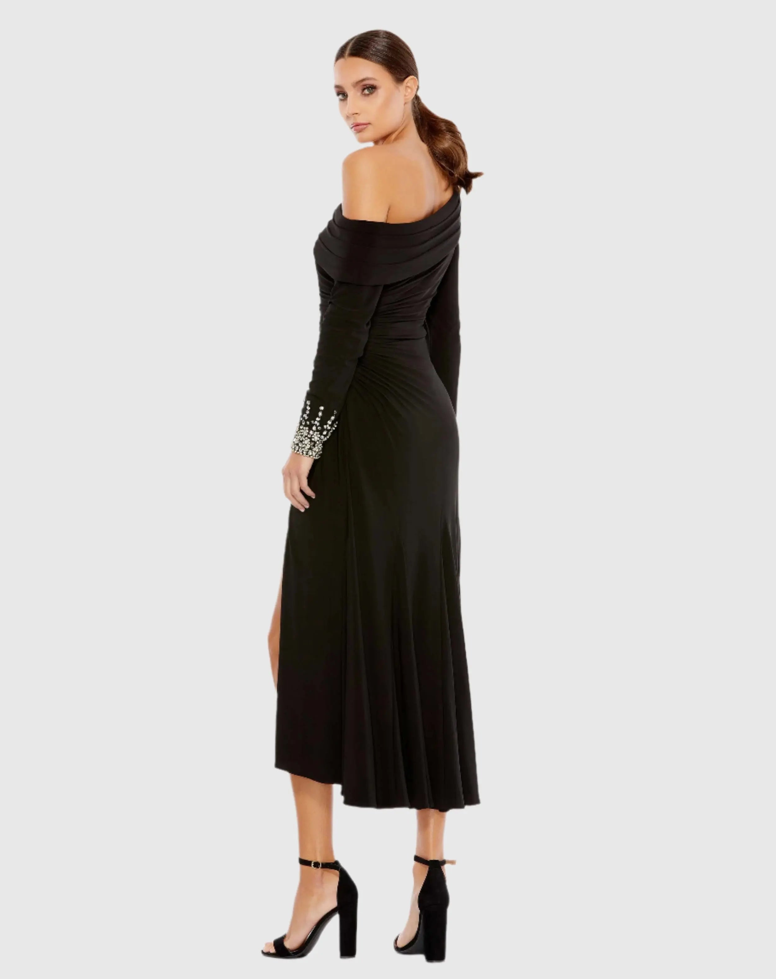Black Foldover Long Sleeve Jeweled Midi Dress