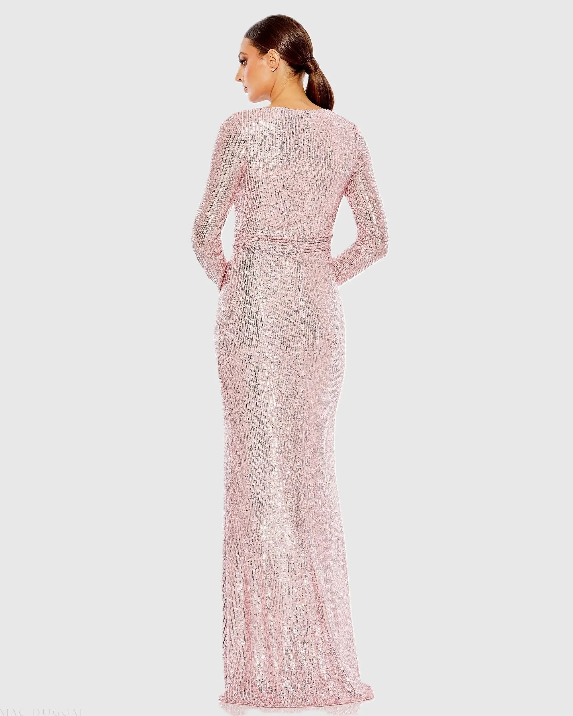 Pink Sequined Long Sleeve Gown