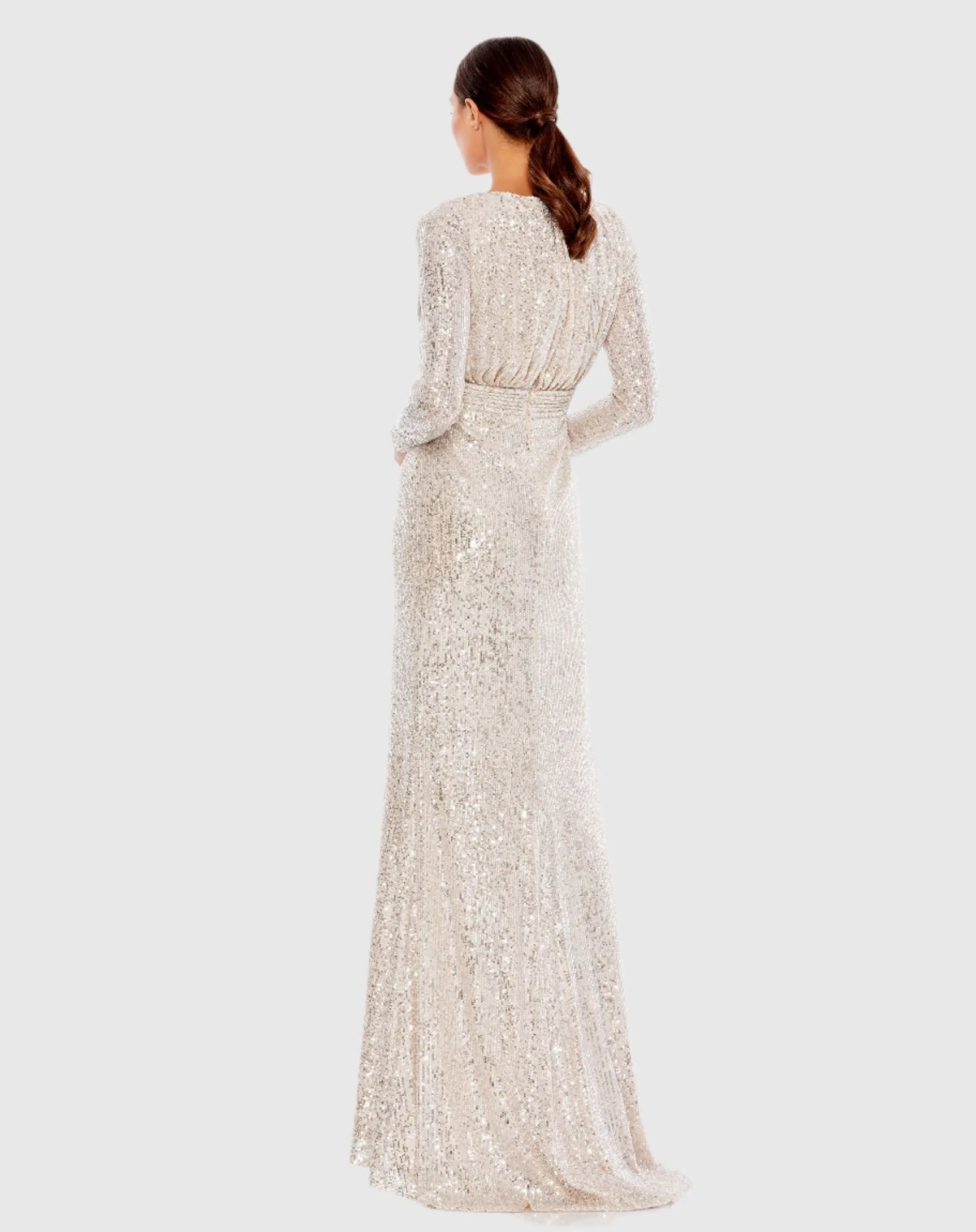 Silver Sequined Long Sleeve Gown