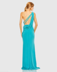 Blue Jersey One Shoulder Draped Back Gown
