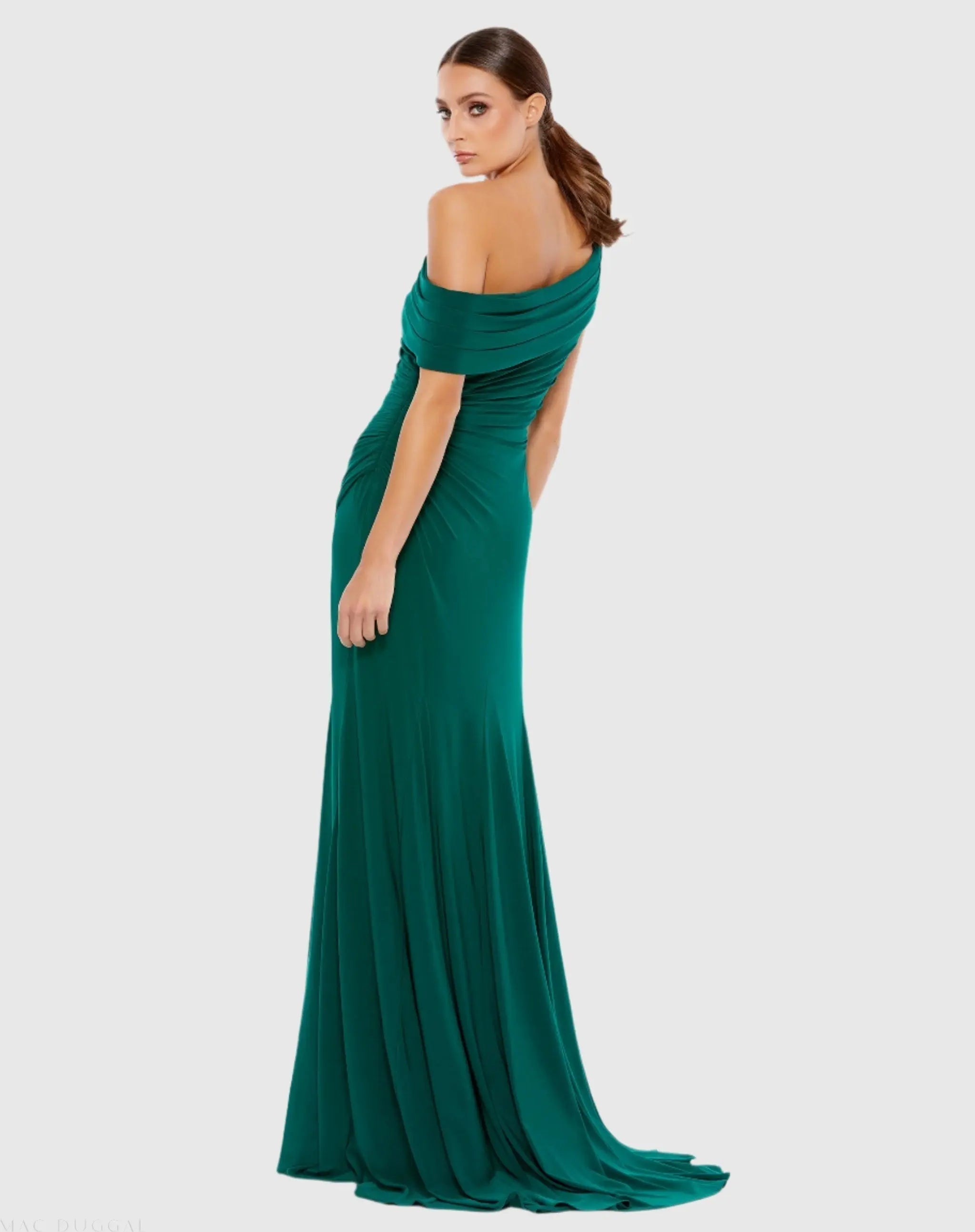 Dark Green Foldover Off-the-Shoulder Slit Gown
