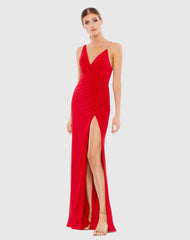 Red Faux Wrap Pearl Strap Gown