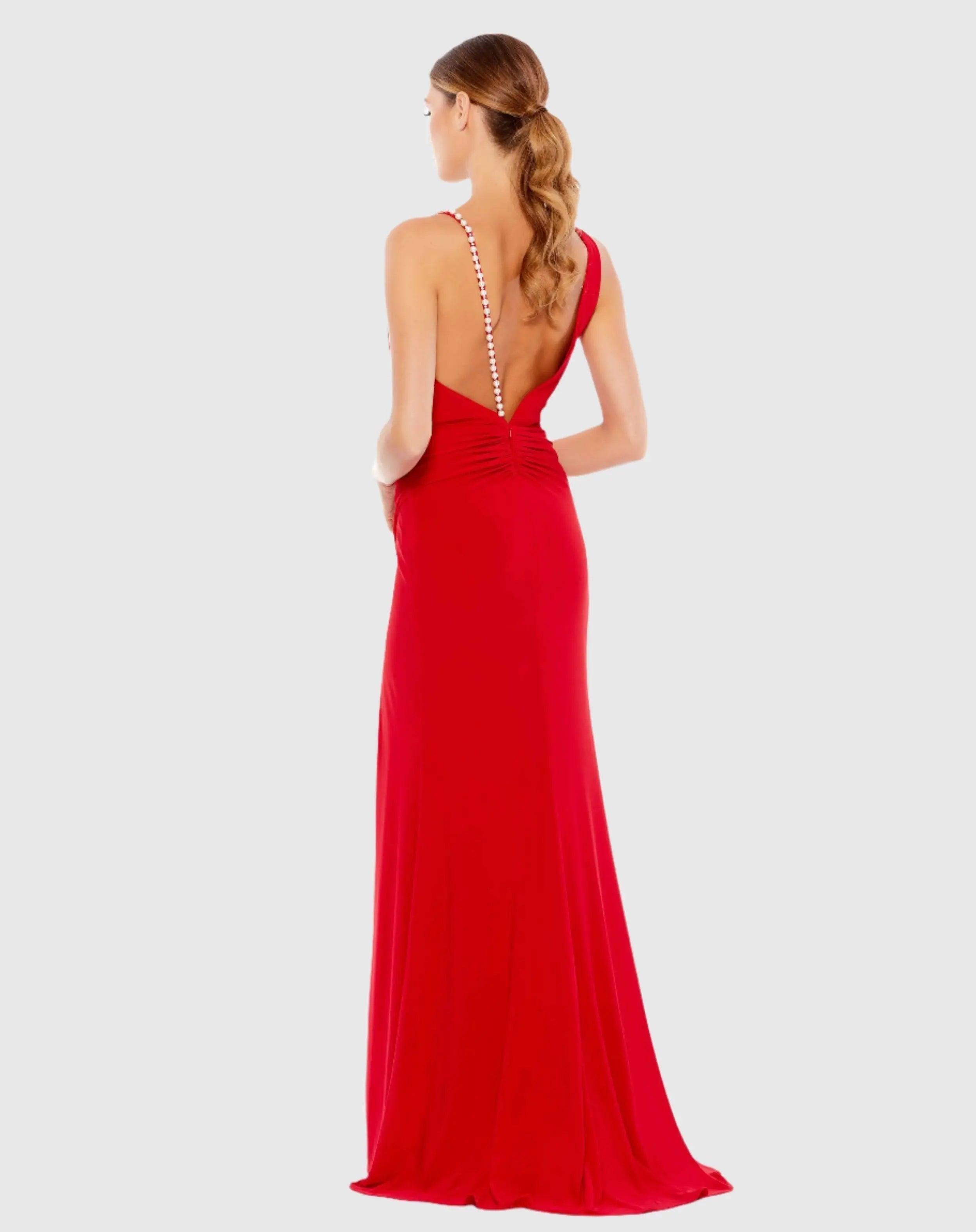 Red Faux Wrap Pearl Strap Gown