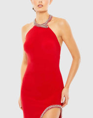 Red Rhinestone Accented Halter Gown