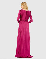 Purple Pleated Long Sleeve V-Neck Gown
