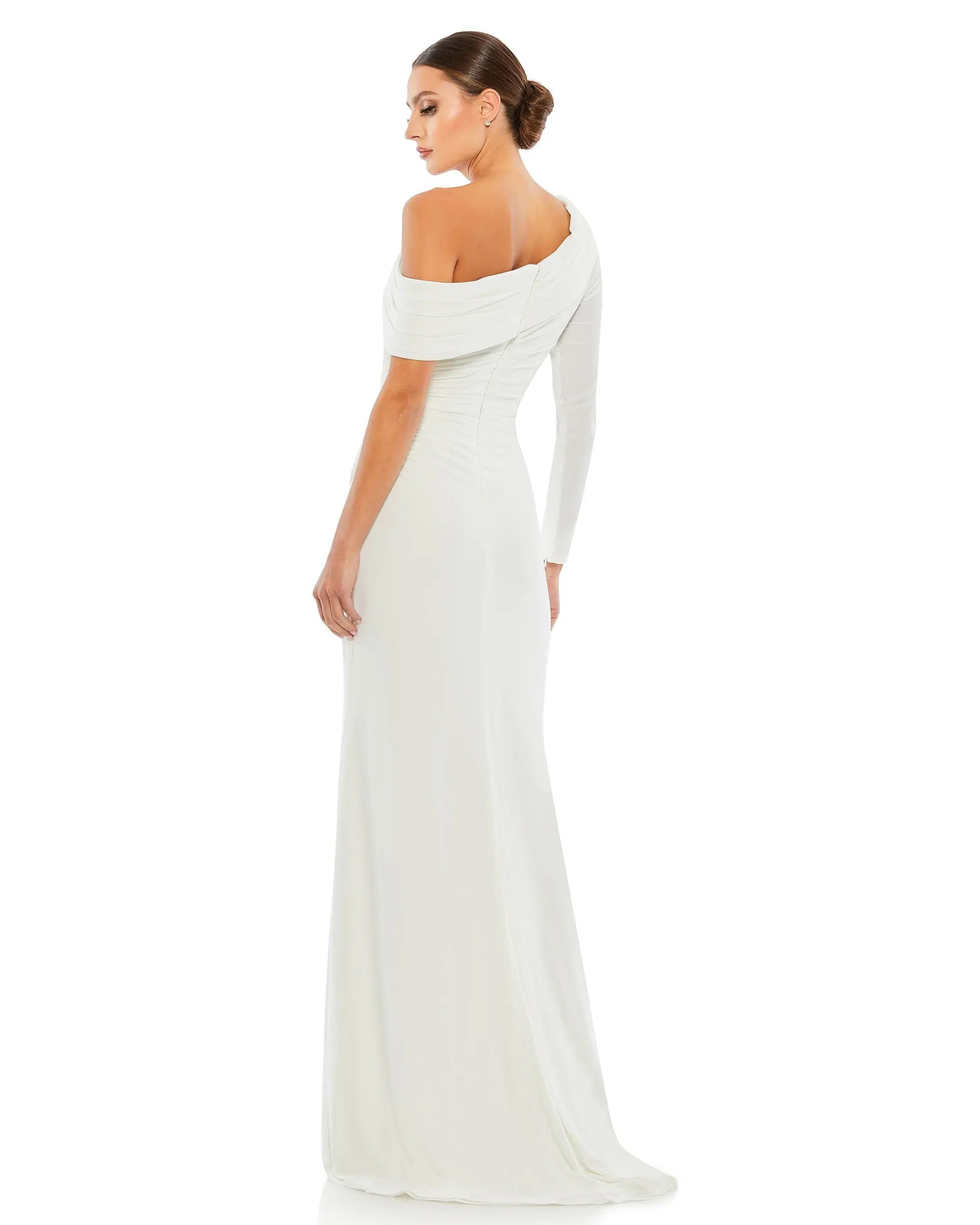 White Ruched Jersey Drop Shoulder Foldover Gown