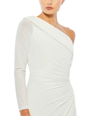 White Ruched Jersey Drop Shoulder Foldover Gown