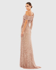 Pink Sequined Drop Shoulder Faux Wrap Gown - FINAL SALE