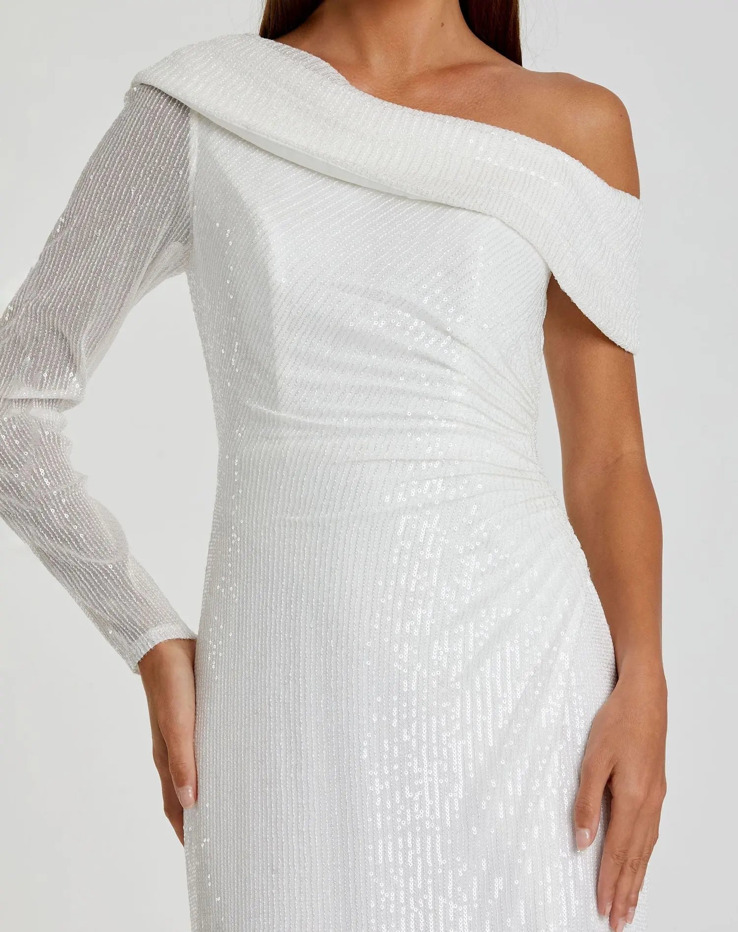 White Sequined Drop Shoulder Faux Wrap Gown - FINAL SALE