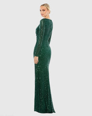 Green Sequined Faux Wrap Long Sleeve Column Gown
