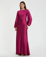 Purple Beaded High Neck Bishop Sleeve Satin Gown