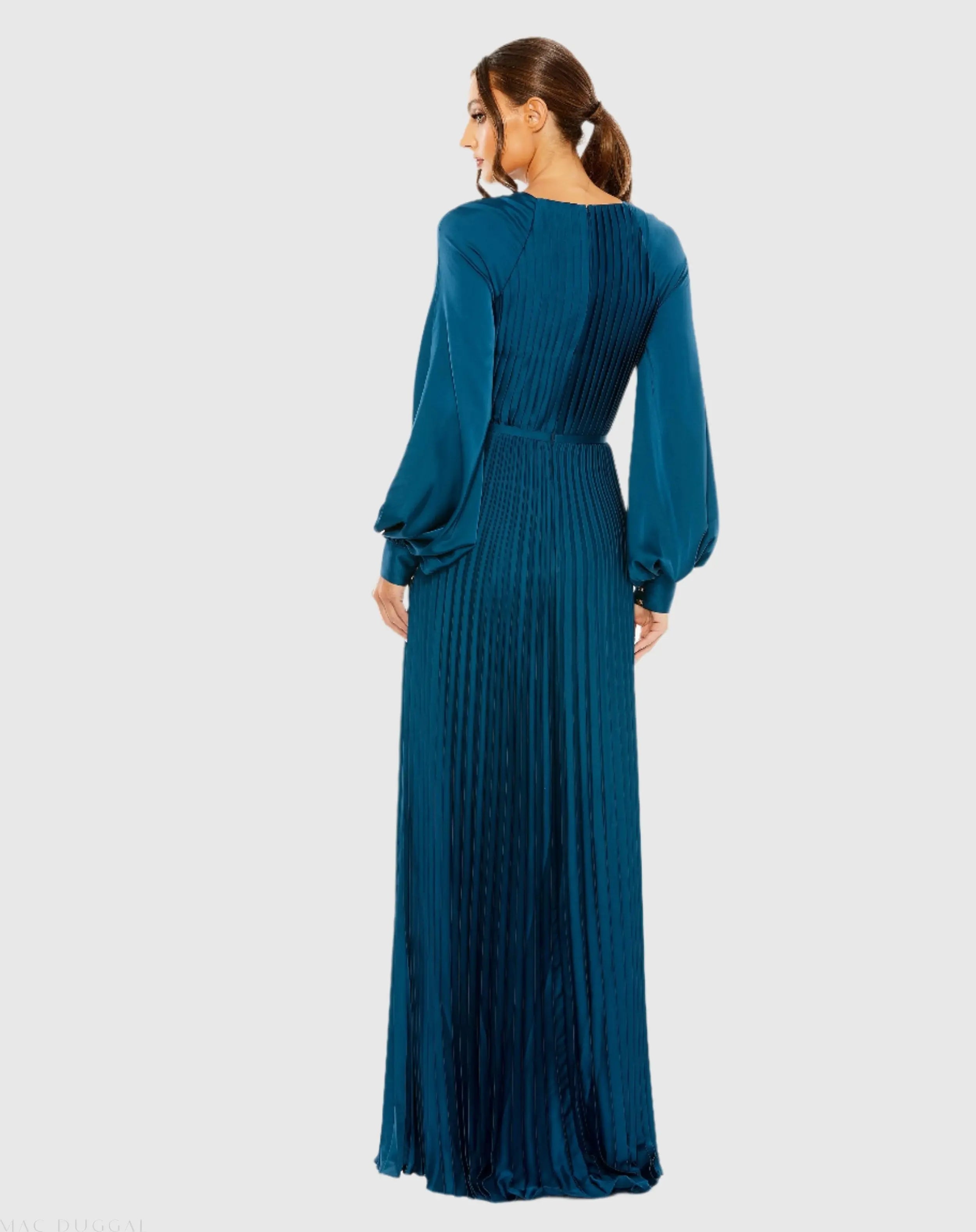 Blue Pleated High Neck Raglan Long Sleeve Side Slit Gown