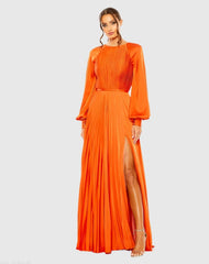 Orange Pleated High Neck Raglan Long Sleeve Side Slit Gown