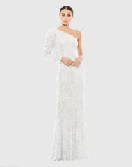 White Sequined One Shoulder Trumpet Gown
