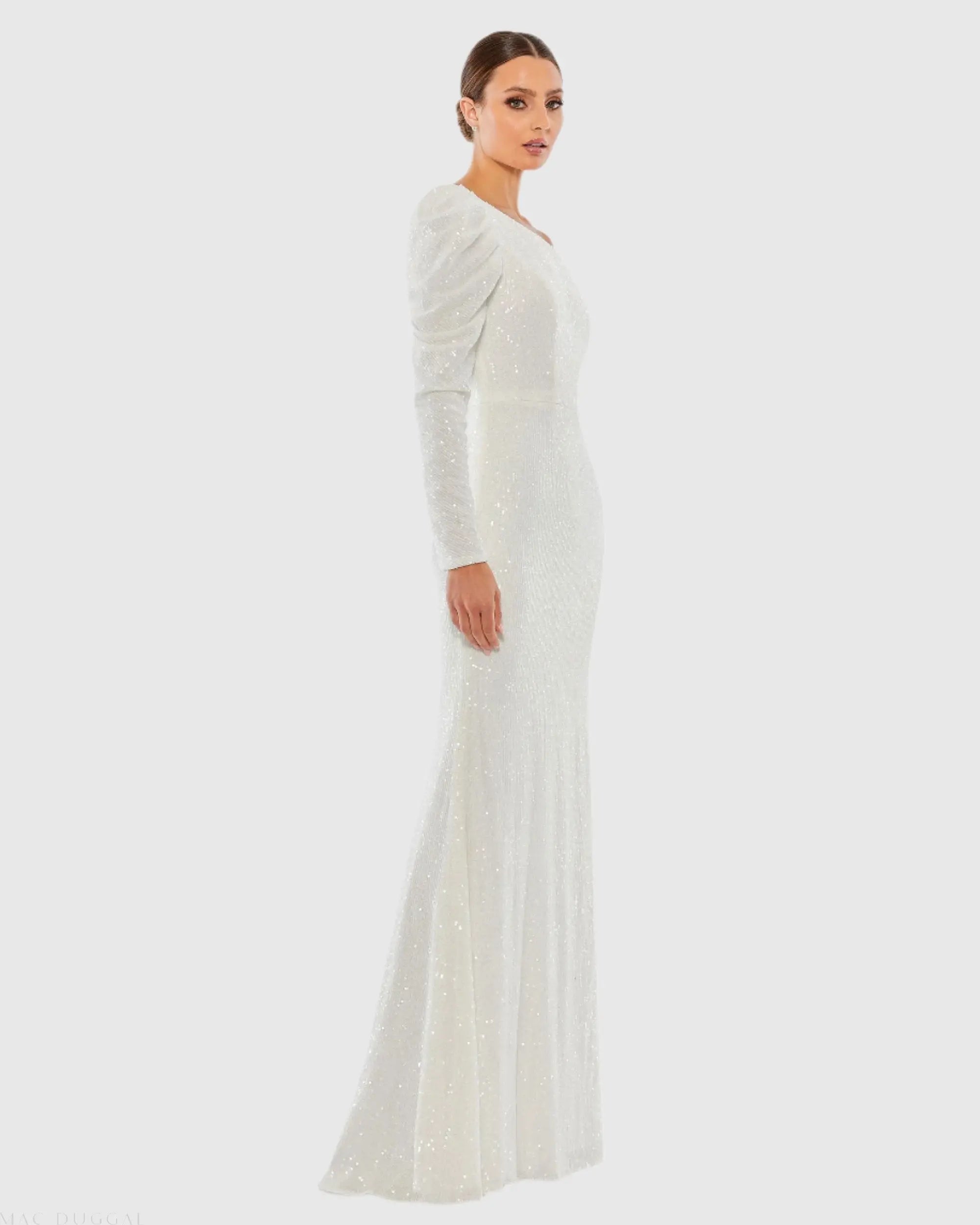 White Sequined One Shoulder Trumpet Gown
