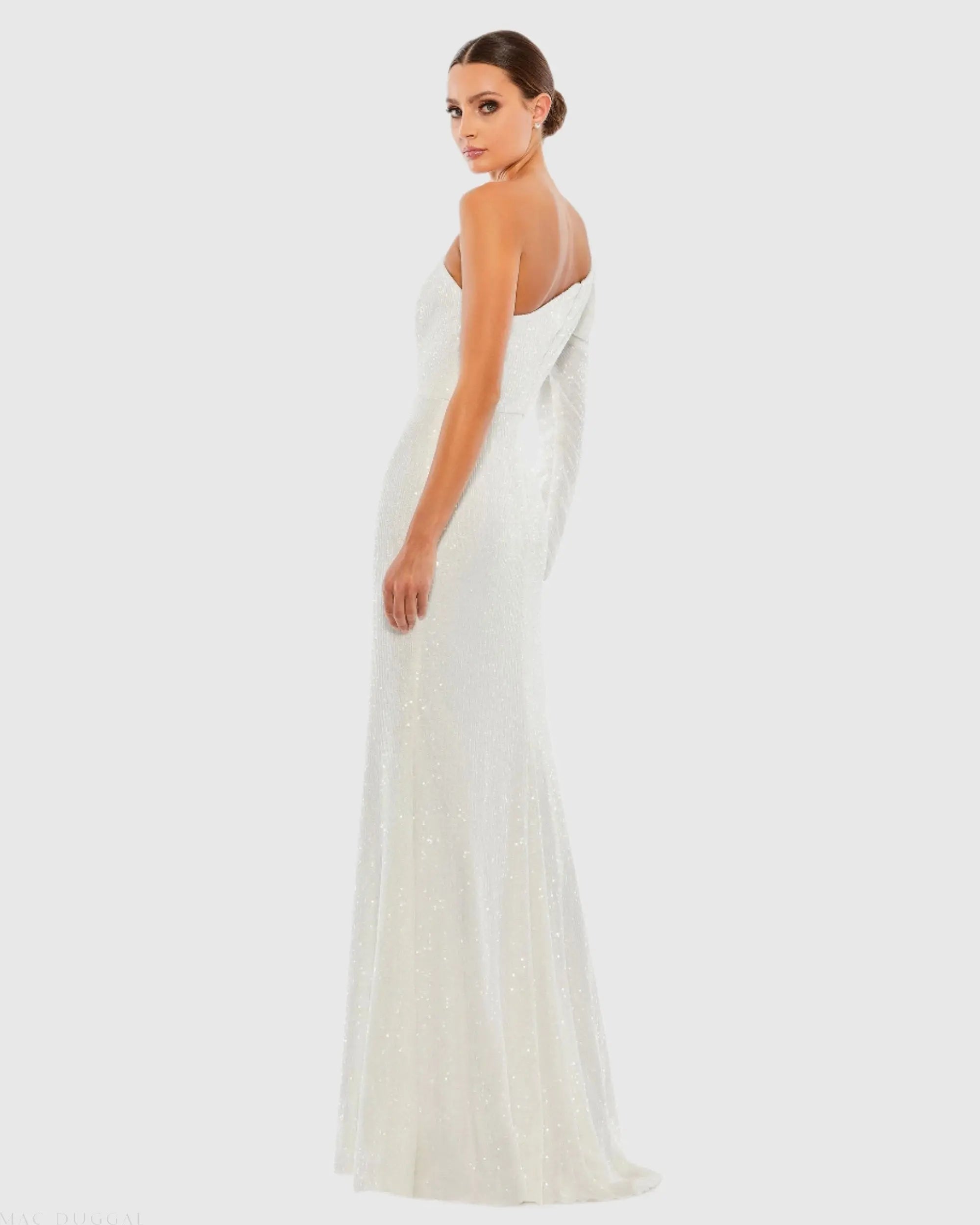White Sequined One Shoulder Trumpet Gown