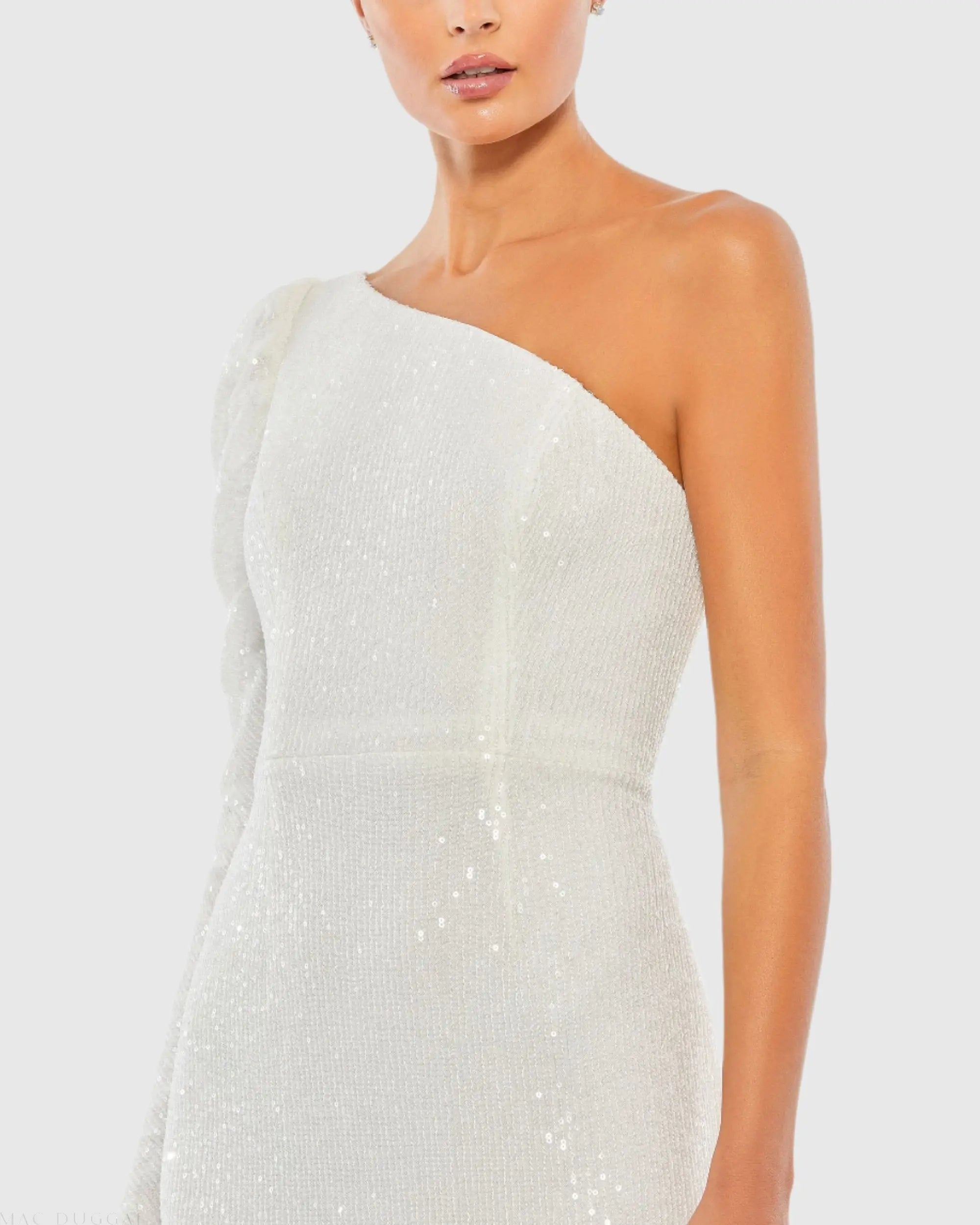 White Sequined One Shoulder Trumpet Gown