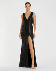 Black V-Neck Sequin Wrap Waist Gown