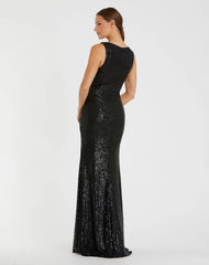 Black V-Neck Sequin Wrap Waist Gown