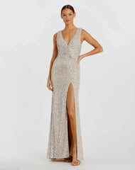Silver V-Neck Sequin Wrap Waist Gown