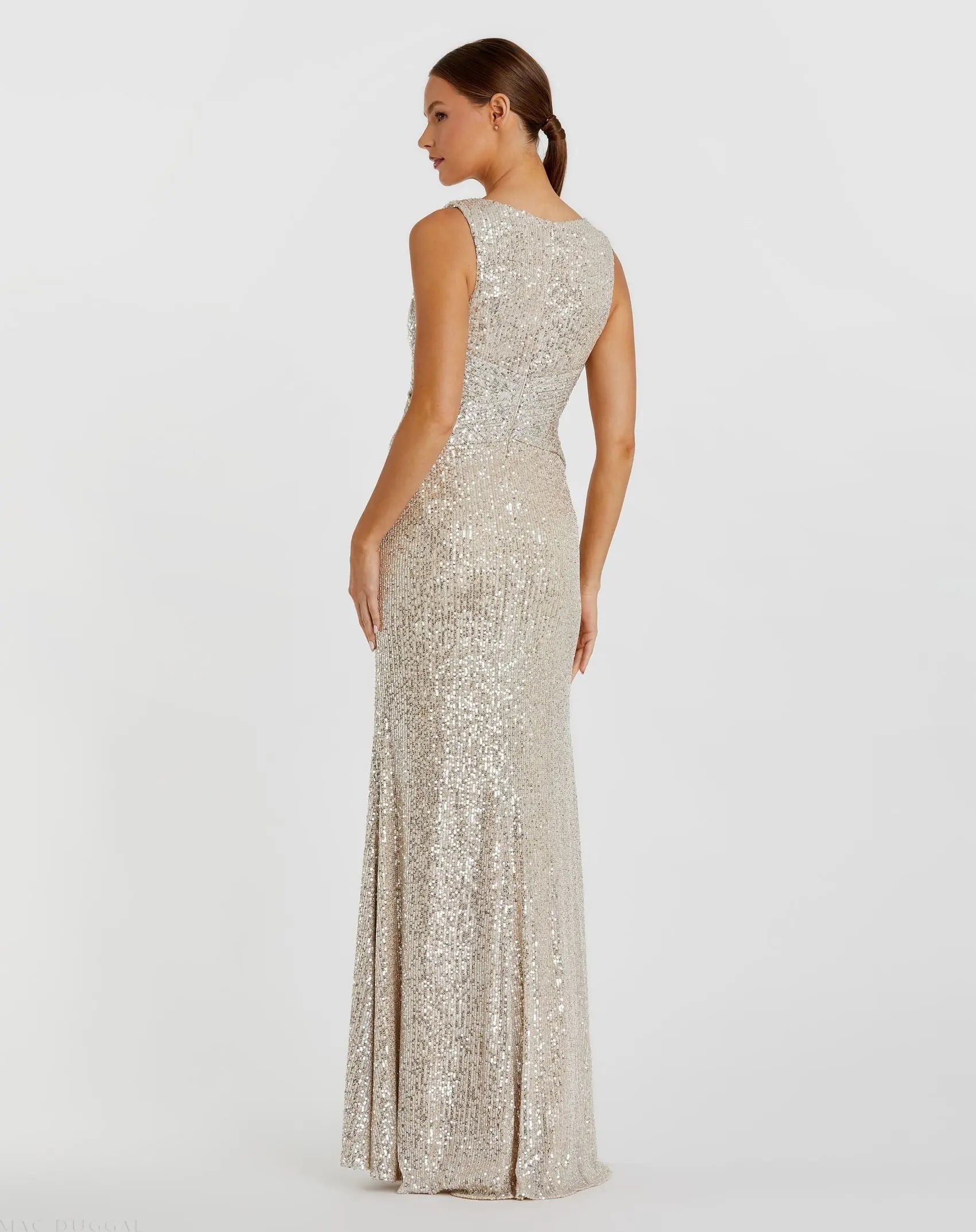 Silver V-Neck Sequin Wrap Waist Gown